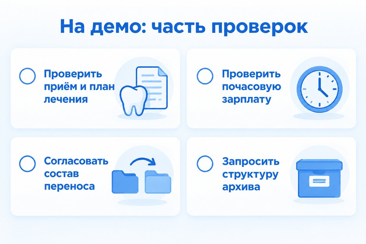 Часть проверок на демо МедЛок: приём и план лечения, почасовая зарплата, состав переноса и структура архива при выходе