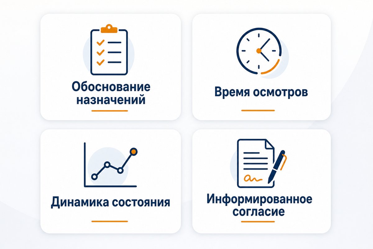 Что должно быть в медицинской карте: обоснование назначений, время осмотров, динамика состояния, информированное согласие — инфографика
