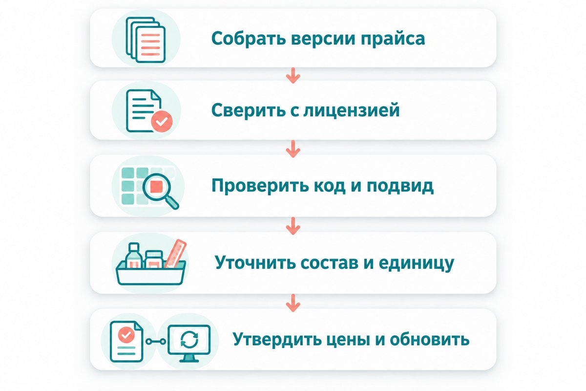 Подготовка прейскуранта стоматологии: сбор версий, сверка с лицензией, проверка кодов, состава и цен