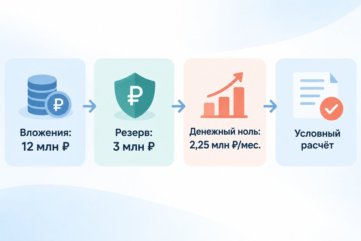 Вложения: 12 млн ₽ / Резерв: 3 млн ₽ / Денежный ноль: 2,25 млн ₽/мес. / Условный расчёт