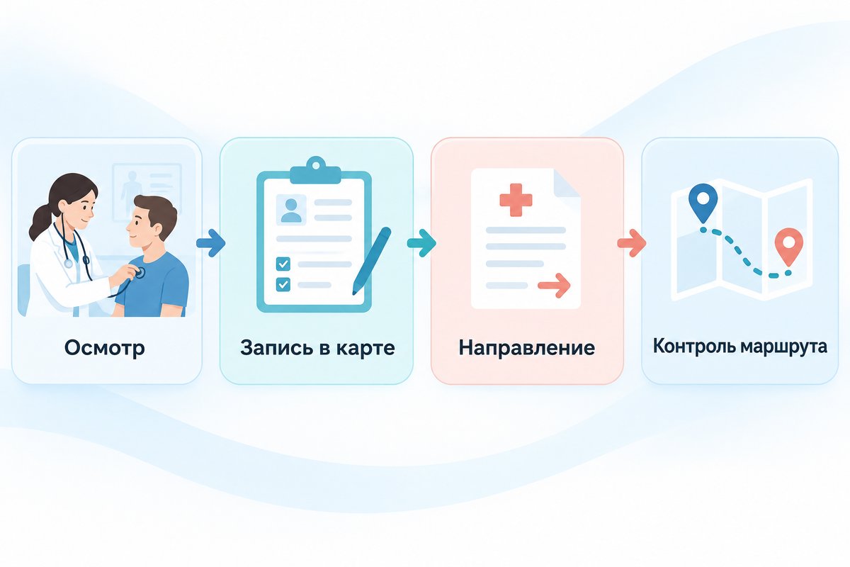 Осмотр / Запись в карте / Направление / Контроль маршрута