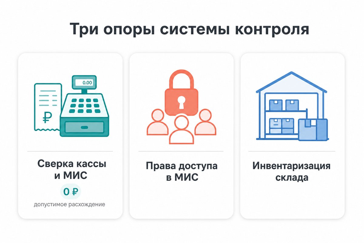 Три опоры системы контроля кассы и материалов в клинике
