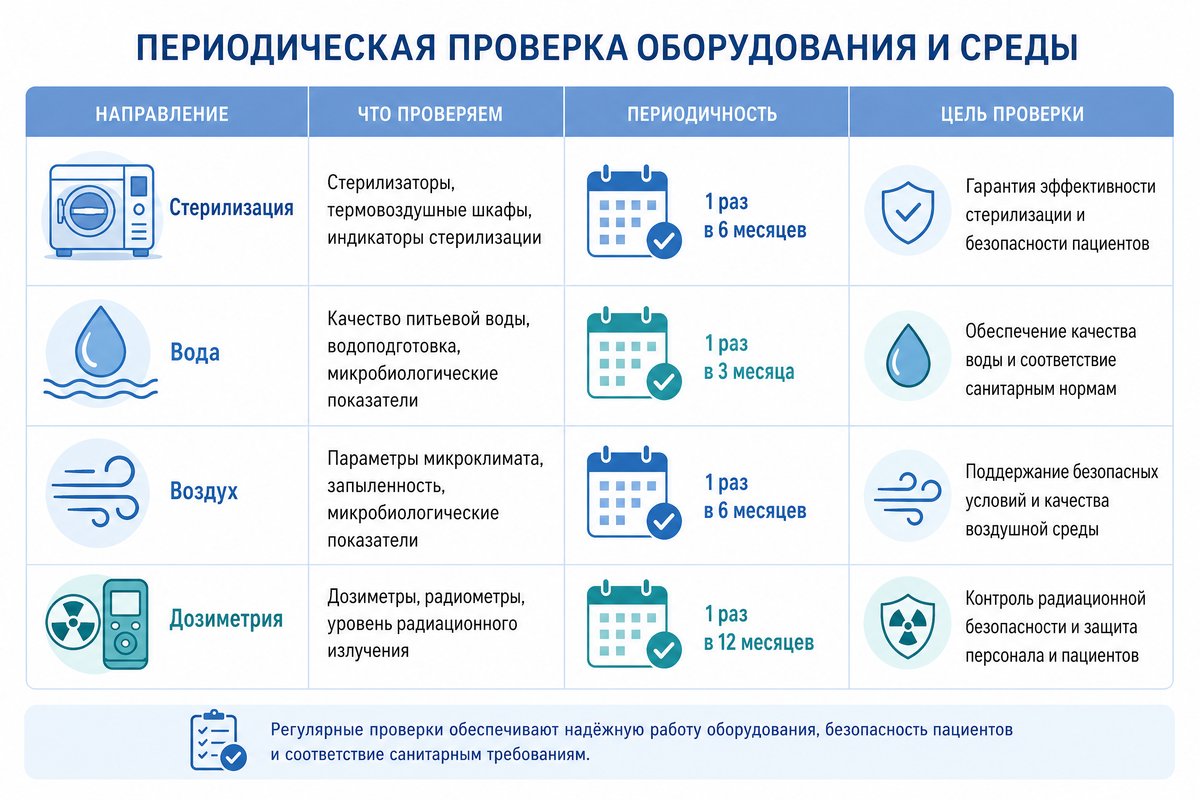 Разделы программы производственного контроля стоматологии и периодичность измерений