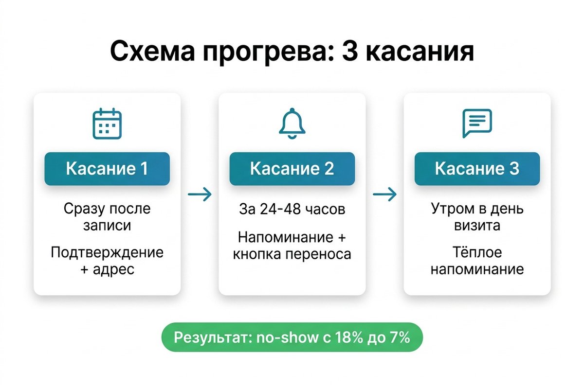 Схема прогрева пациента: 3 касания от записи до визита — инфографика