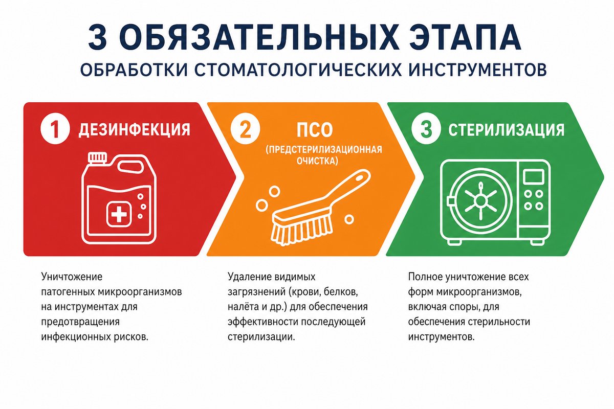 Три этапа обработки стоматологических инструментов
