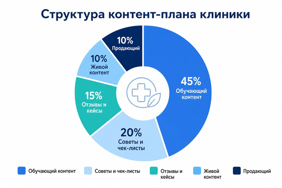 Структура контент-плана для медицинской клиники: пропорция 45-20-15-10-10 — инфографика