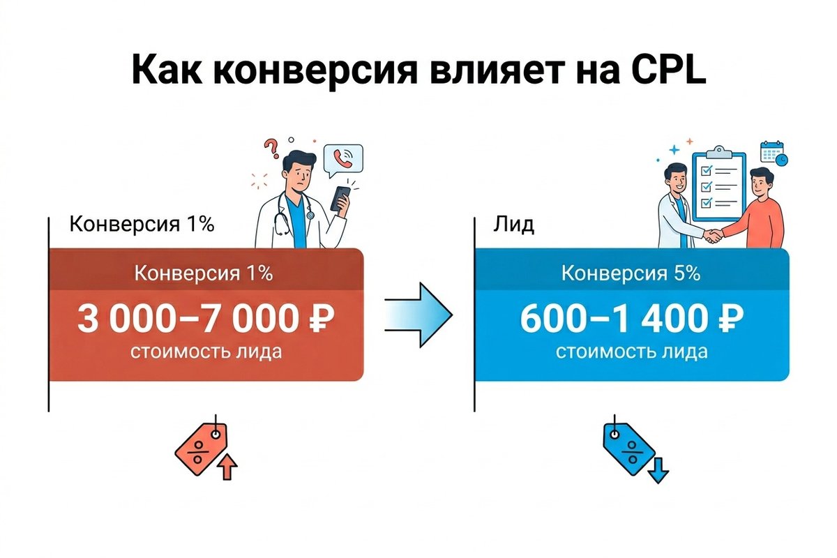 Сравнение стоимости лида при конверсии 1% и 5% — инфографика