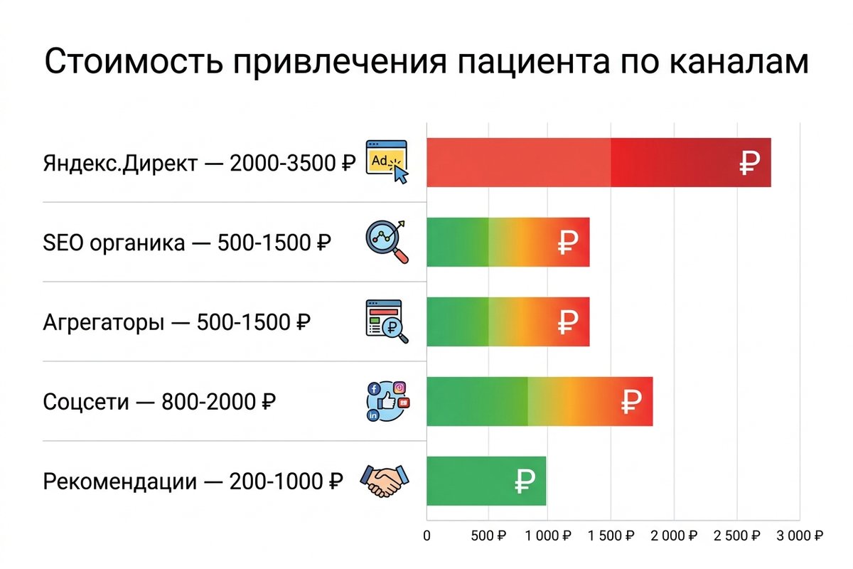 Стоимость привлечения пациента по каналам маркетинга