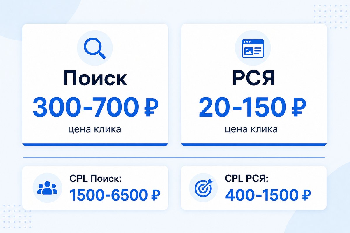 Сравнение цены клика и заявки: Поиск против РСЯ