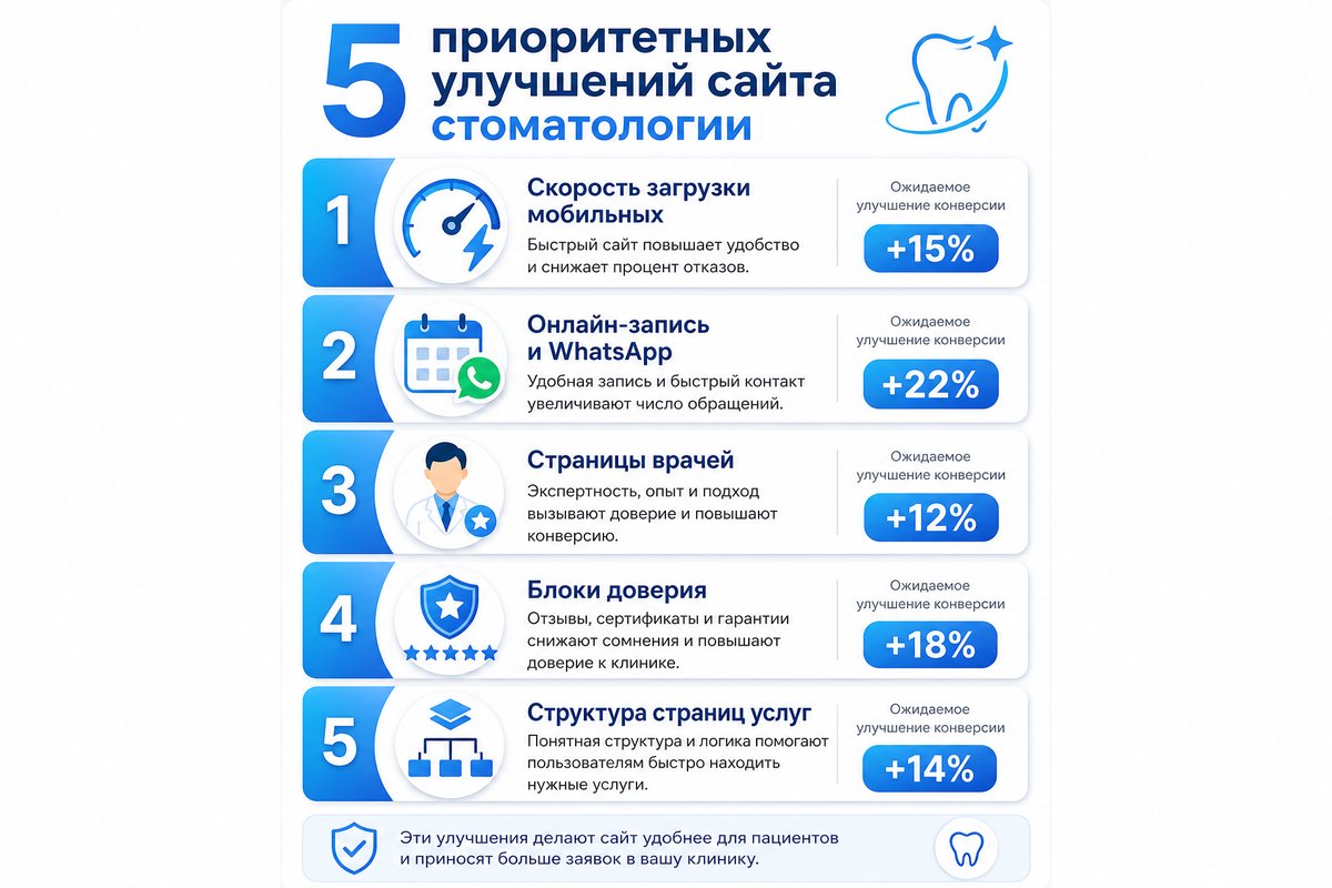 5 приоритетов доработки сайта клиники — инфографика