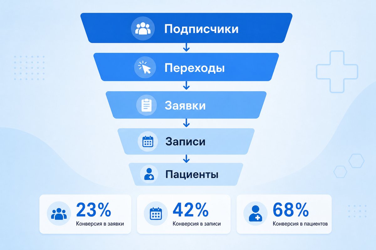 Воронка Telegram-канала для клиники — конверсии по этапам