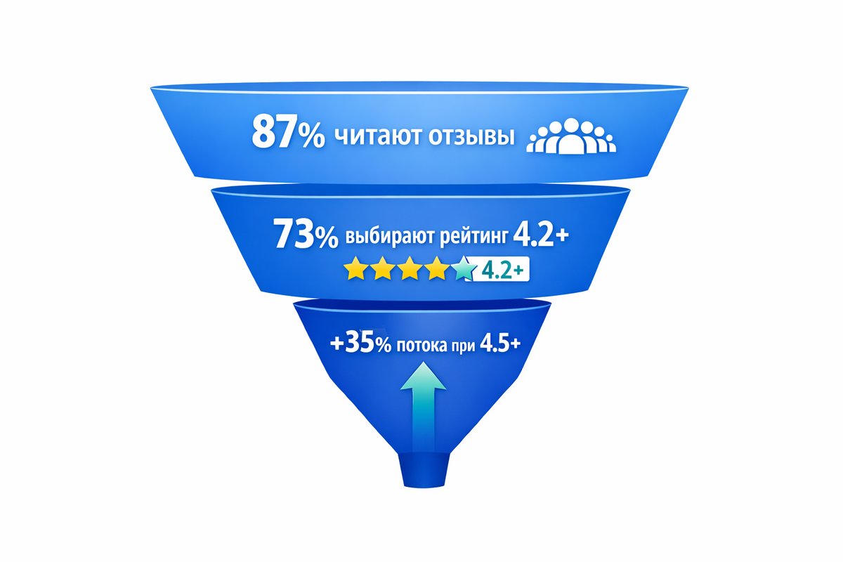 Воронка влияния отзывов на выбор клиники — инфографика